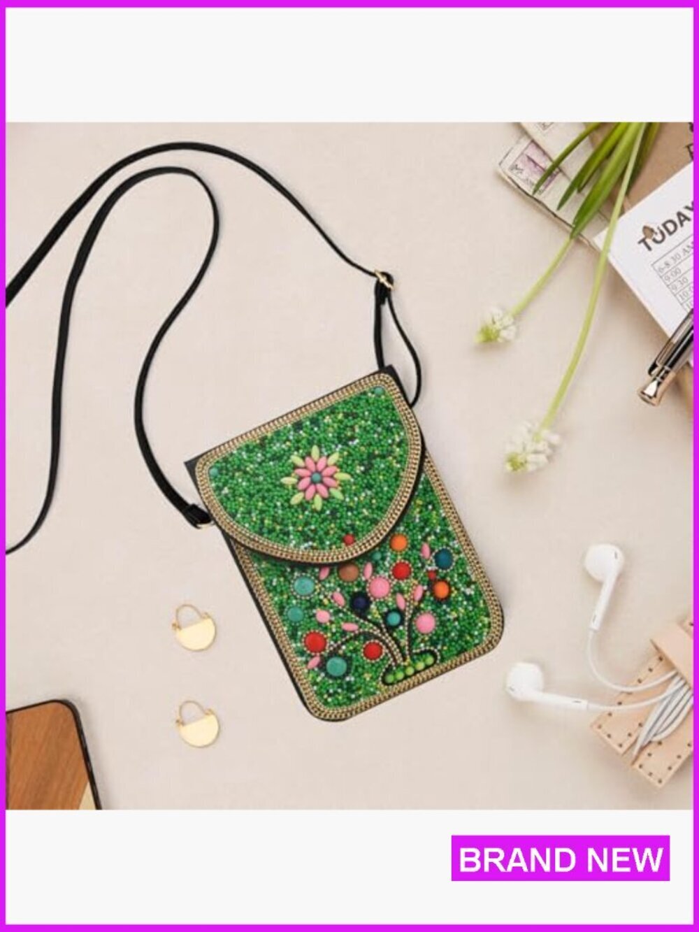 Boho Beaded Crossbody Bag Handcrafted Leather Phone Purse Adjustable Strap - Picture 3 of 7